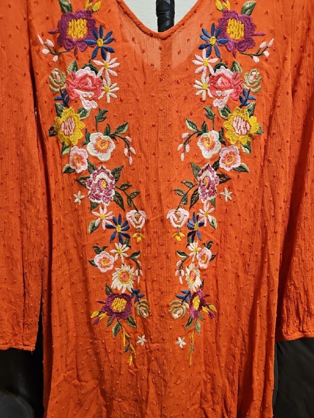 Umgee Orange Long-Sleeve Embroidered V-Neck Dress - Picture 3 of 7